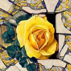 Surrealist painting of large yellow rose in frame with smaller roses on cloudy sky