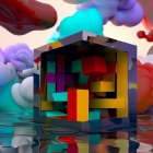 Vibrant surreal painting with central cube, bird, and whimsical figures