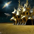 Surreal landscape with golden organic structures under an alien sky