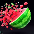 Colorful digital image: Exploding watermelon with suspended slices on dark background