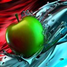 Colorful green apple with red and turquoise liquid splashes