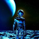 Futuristic robot on moon-like surface with blue planet and stars.