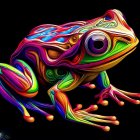 Colorful digital artwork: Neon-painted frog on black background