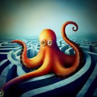 Orange octopus with spiral tentacles on blue-green background