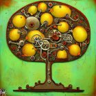 Whimsical tree illustration with orange fruits and pink flowers