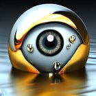 Metallic sphere with gold and blue eye-like designs on gradient background