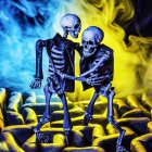 Skeletons Embracing in Blue Smoke Maze