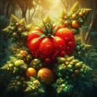 Fresh red and green tomatoes with dew drops on a dark background.