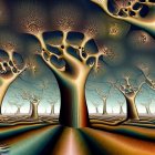 Colorful digital artwork: Stylized trees with intricate patterns on luminous background.