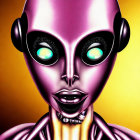 Colorful Alien Face with Black Eyes and Gold Patterns on Yellow Background