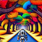 Colorful Stylized Landscape Painting with Winding Path, Whimsical Trees, Hills, and