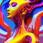 Colorful Artistic Representation of Woman with Swirling Liquid and Light Effects