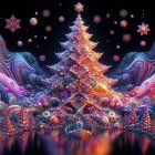 Surreal artwork: giant tree with eye, pink trees, planets in sky