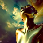 Stylized artistic image of woman in golden tones surrounded by abstract shapes