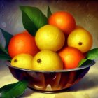 Colorful illustration of ripe red and yellow apples in a bowl with flowers and foliage