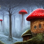 Colorful Mushroom Landscape with Red-Spotted House at Twilight