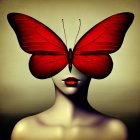 Vibrant red hair styled as butterfly wings in surreal portrait