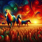 Colorful Liquid Art: Three Running Horses with Fiery Effects