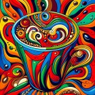 Colorful Psychedelic Patterned Cappuccino Cup with Foam and Cinnamon