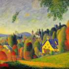 Colorful landscape painting with rolling hills, trees, houses, patterned sky, and solitary figure.