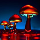 Fantastical oversized mushrooms with glowing red caps on a starry background