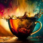 Colorful coffee and milk swirl from ornate cup on abstract background