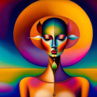 Abstract portrait with geometric patterns and stylized female figure on vibrant sunset backdrop