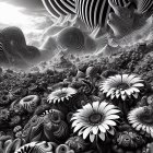 Detailed grayscale floral illustration with pops of color against misty backdrop