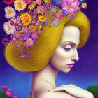 Colorful Flower and Gold Adorned Woman Profile Portrait in Digital Art