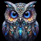 Intricate geometric owl art with luminous blue eyes