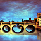 Ornate bridge with arches reflecting on water against swirling star-filled skies and gold and blue landscapes