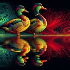 Vibrantly colored ducks on dark water with detailed reflections and lush floral patterns