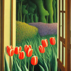 Colorful landscape with tulips and whimsical trees