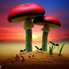 Luminescent pink-spotted mushrooms in enchanted forest setting