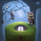 Vibrant owl in flight and perched owl by glowing treehouse in mystical forest