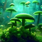 Surreal landscape: oversized green mushrooms, two moons, dark hills, lone butterfly