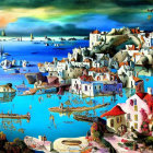 Colorful painting of coastal Mediterranean village with boats, lighthouse & white buildings