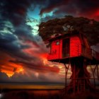 Mystical forest with mushroom houses and tree faces at twilight