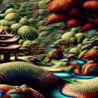 Surreal landscape featuring golden fractal trees, reflective spheres, and rippling waters