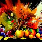 Detailed Illustration of Colorful Fruits & Flowers on Dark Background