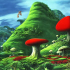 Exaggerated green hills, stylized trees, house, red mushroom in surreal landscape