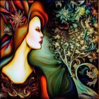 Vibrant abstract art: stylized woman's profile with cosmic elements and intricate patterns.