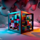 Colorful 3D cube with fractal pattern and spheres on neon landscape