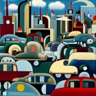 Abstract Cubist-inspired cityscape painting with geometric buildings, yellow car, and red bus under rainy sky