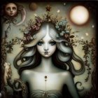 Fantastical artwork of two stylized female faces with ornate, gold-accented hair and