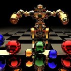 Golden humanoid robot on checkered floor with red and blue spheres