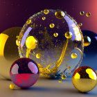 Colorful Digital Art: Golden Tree in Bubble with Metallic Sphere