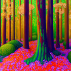 Enchanting forest scene with sparkling lights, pink ground cover, and expressive orange orbs.