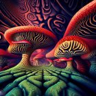 Vibrant surreal landscape with towering mushroom-like structures