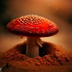 Dew-covered red mushroom with white spots on cap in close-up.